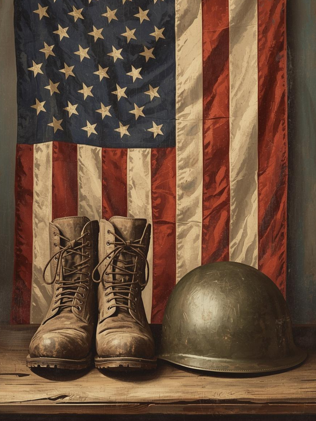 Paint by Number Soldier Boots and Helmet Memorial Scene with an American Flag - DIY Canvas Paint by Number Kit