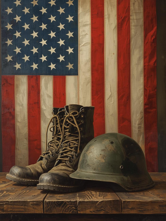 Paint by Number Vintage Military Boots and Helmet with an American Flag - DIY Paint by Number Kit
