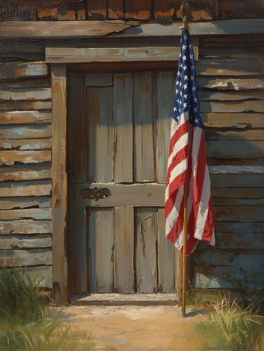 Paint by Number American Flag Hanging Beside Rustic Wooden Cabin Door - Paint by Number Kit for Adults