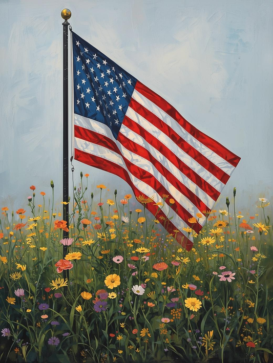 Paint by Number American Flag on Flagpole in Wildflower Field - DIY Canvas Paint by Number Kit