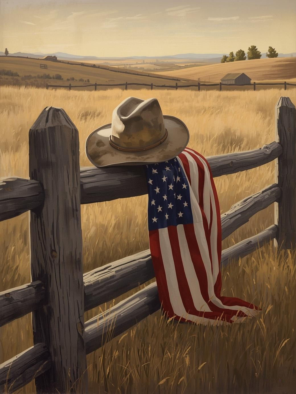 Paint by Number Cowboy Hat and American Flag Draped Over Fence in Country Field - Paint by Number Kit for Adults