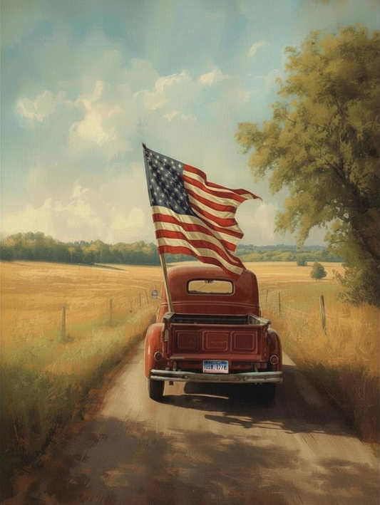 Paint by Number Vintage Red Truck Driving Down Country Road with American Flag - DIY Paint by Number Kit
