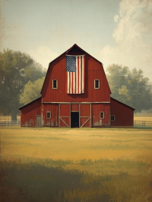 Paint by Number Red Barn with American Flag Hanging on Front - Paint by Number Kit for Adults