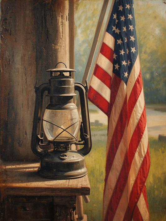 Paint by Number Rustic Lantern Beside American Flag on Wooden Porch - Paint by Number Kit for Adults