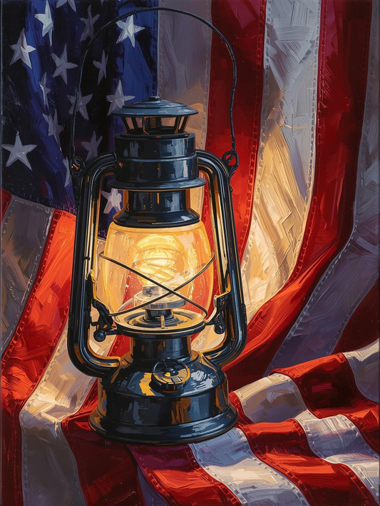 Paint by Number Vintage Lantern Glowing in Front of American Flag - DIY Paint by Number Kit