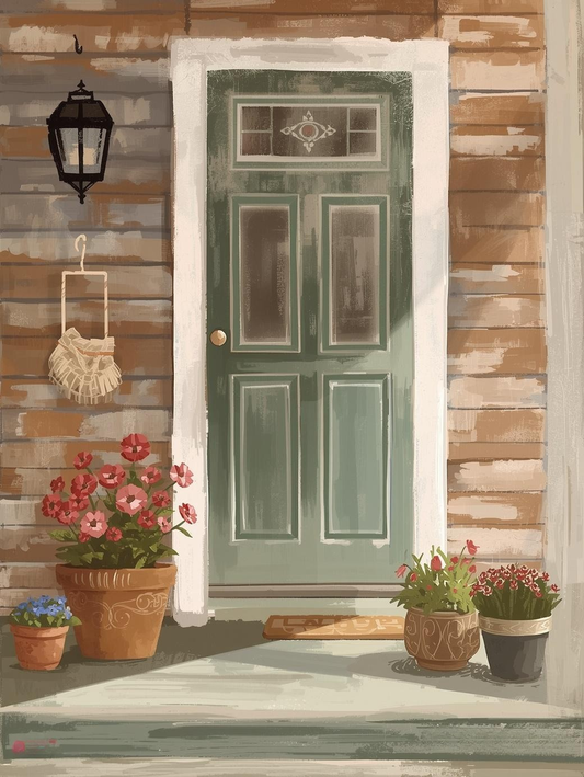 Paint by Number Rustic Green Door with Flowers – Paint by Number Kit for Adults