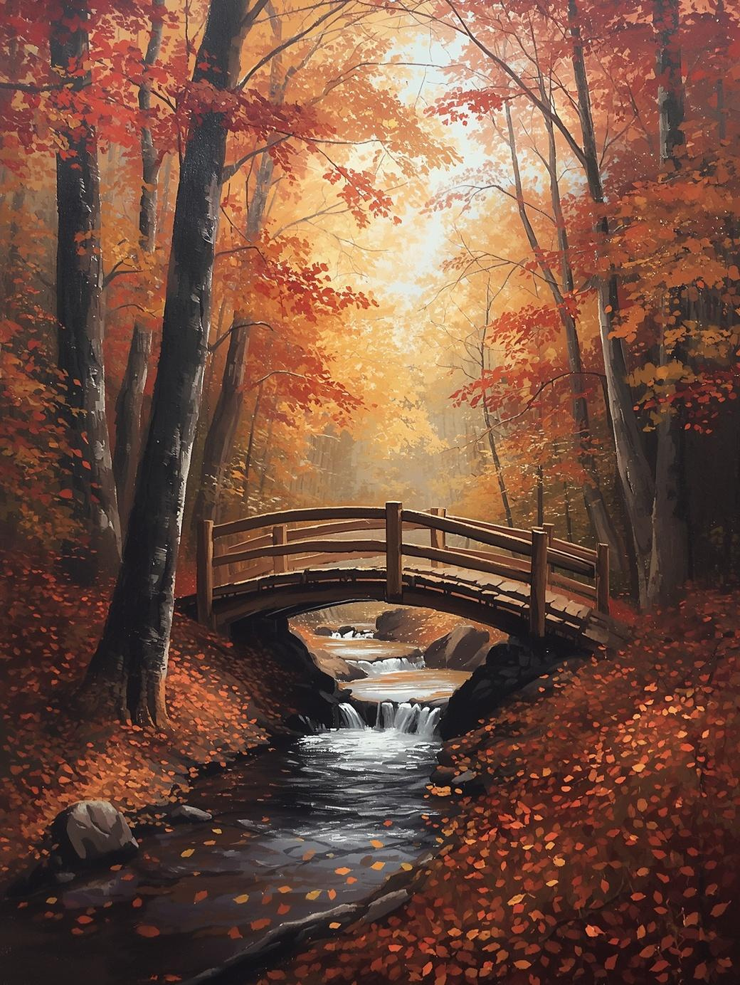 Paint by Number Autumn Forest Bridge Retreat – Acrylic Painting Kit for Adults