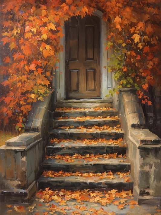 Paint by Number Autumn Leaves Stone Stairway – Acrylic Painting Kit for Adults