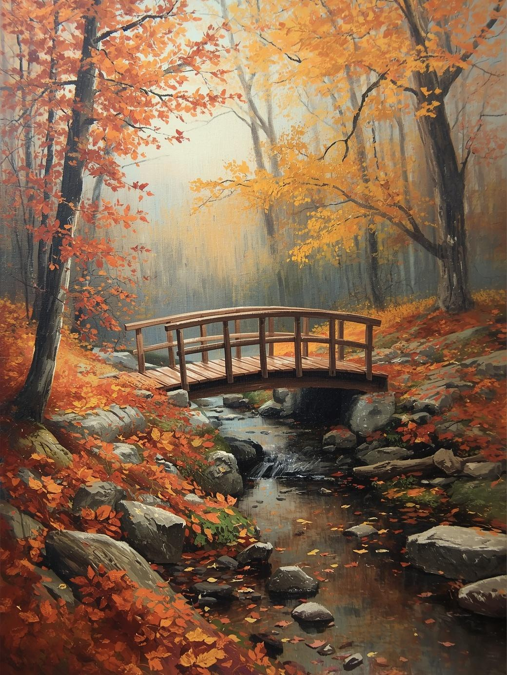 Paint by Number Misty Autumn Bridge Over Stream – DIY Painting Kit
