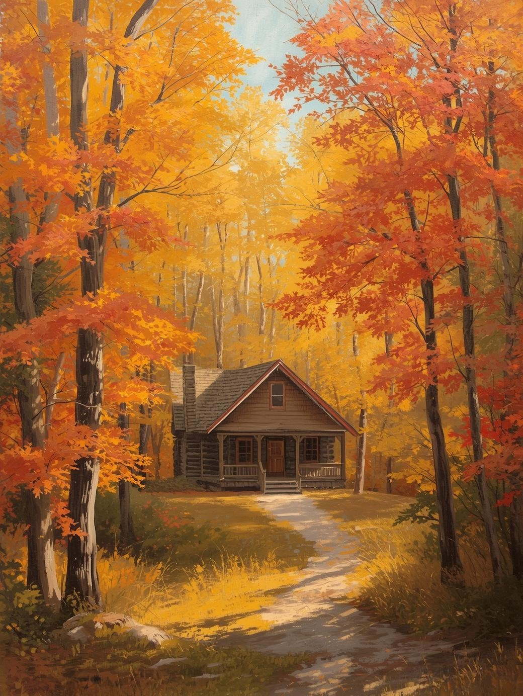 Paint by Number Cozy Cabin in Golden Forest – Canvas Art Kit