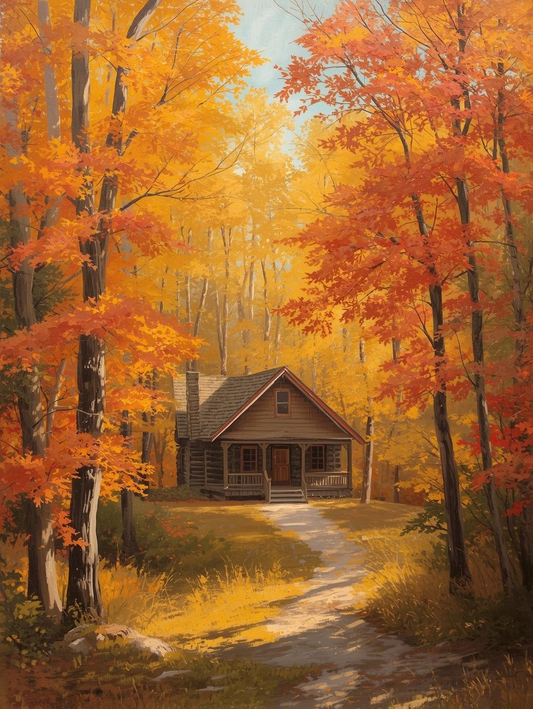 Paint by Number Cozy Cabin in Golden Forest – Canvas Art Kit