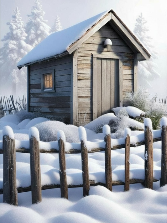 Paint by Number Snow Covered Rustic Cabin with Wooden Fence in a Quiet Winter Forest Setting - DIY Paint by Number Kit for Adults