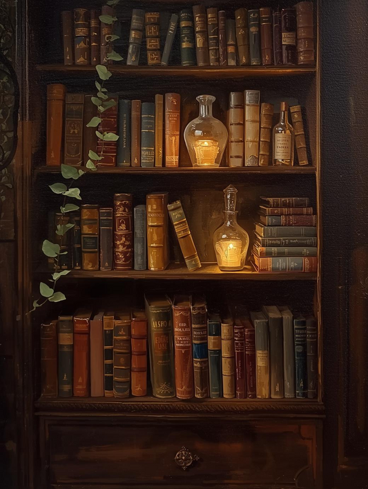 Paint by Number Cozy Library Shelf with Warm Candlelight – DIY Paint by Numbers Kit for Adults