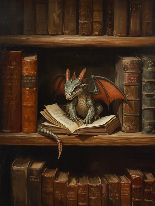 Paint by Number Cute Baby Dragon Reading in a Bookshelf – Fantasy Paint by Number Kit for Adults