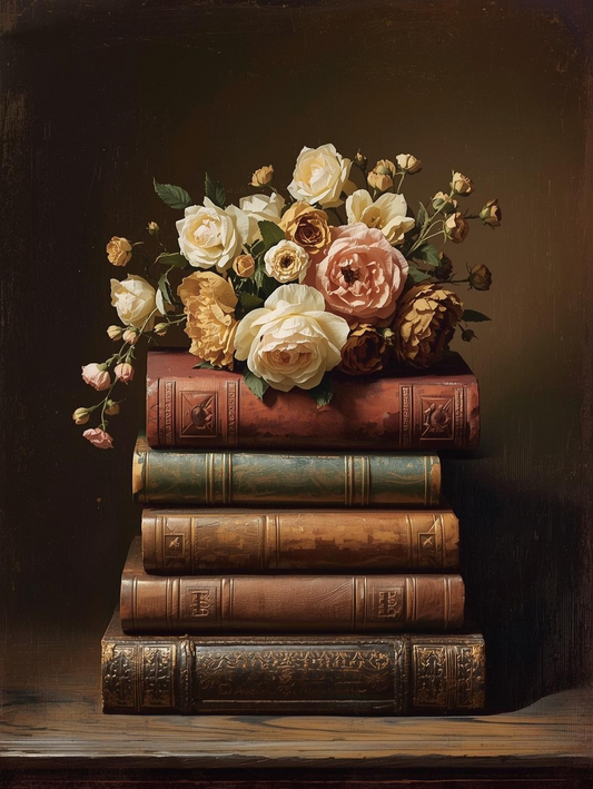Paint by Number Vintage Books with Soft Floral Arrangement – Elegant Paint by Numbers Kit for Adults