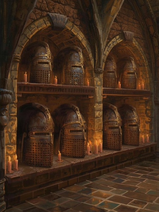 Paint by Number Medieval Knight Helmet Hall with Candlelight Arches – DIY Adult Painting Kit