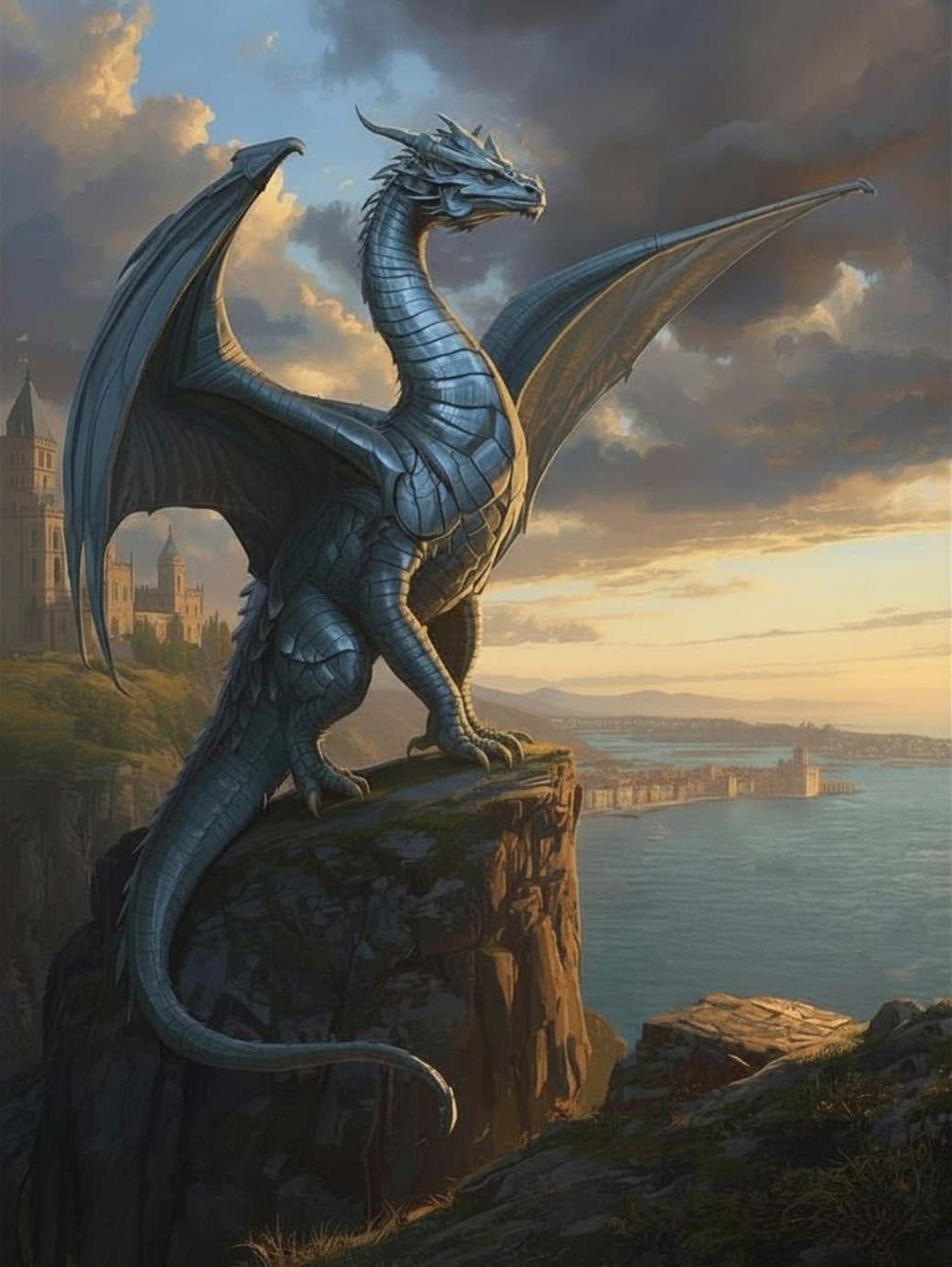 Paint by Number Silver Dragon Over the Coastal Kingdom – Adult Paint by Number Kit