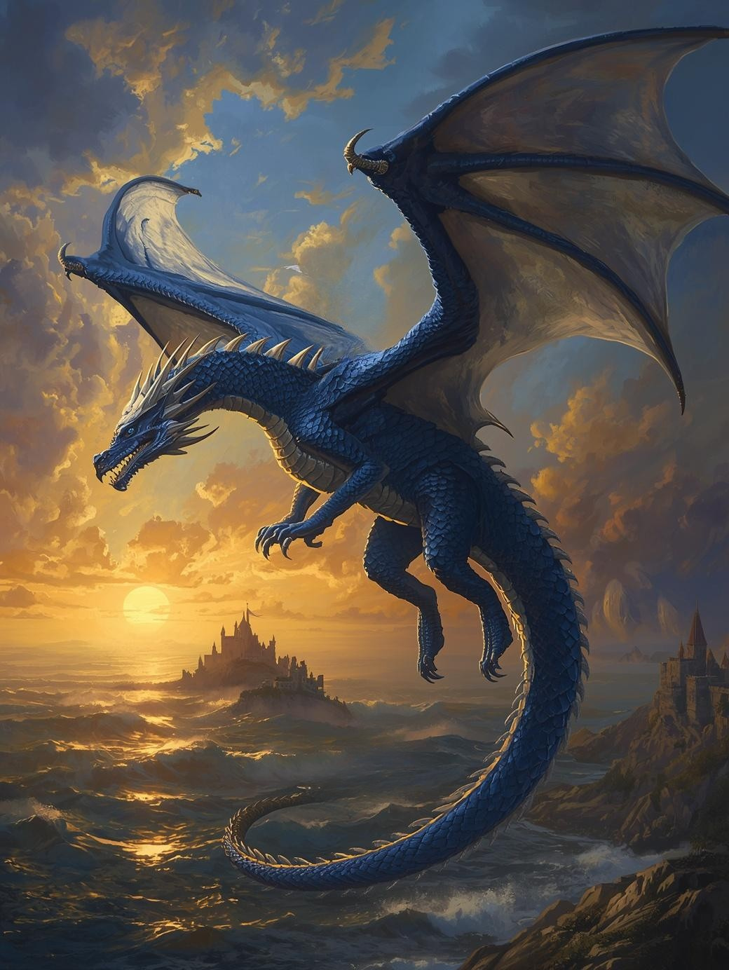 Paint by Number Sapphire Dragon Above the Golden Sea – Dragon Canvas Kit