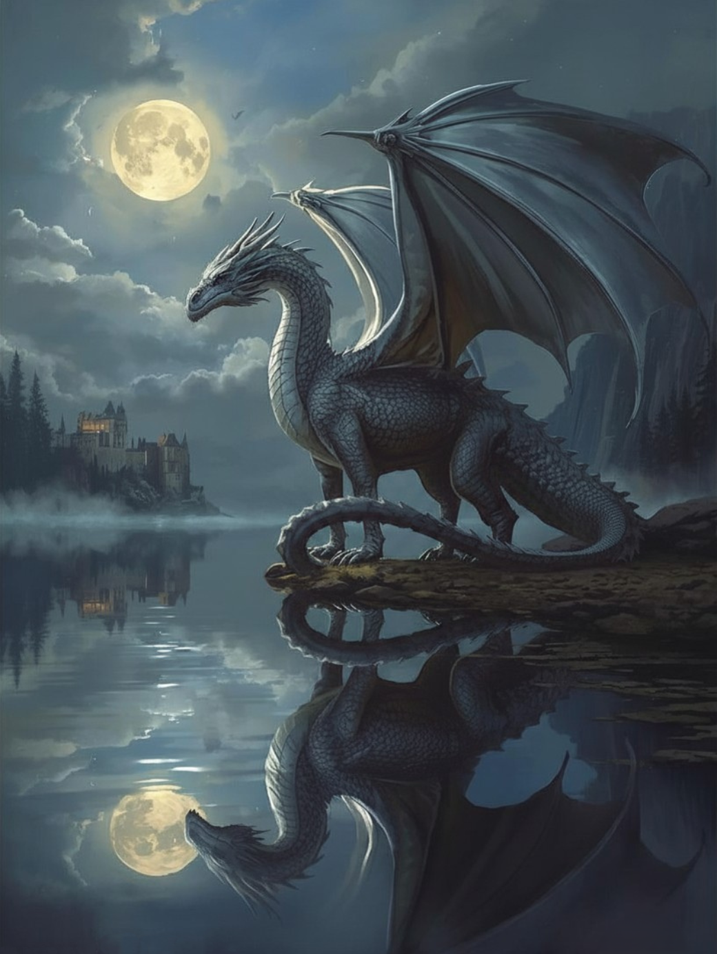 Paint by Number Silver Dragon by the Moonlit Water – Paint by Number for Adults