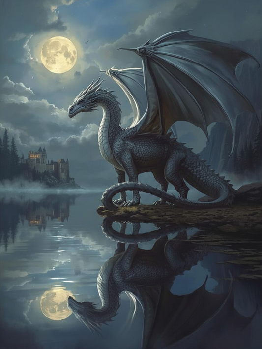 Paint by Number Silver Dragon by the Moonlit Water – Paint by Number for Adults