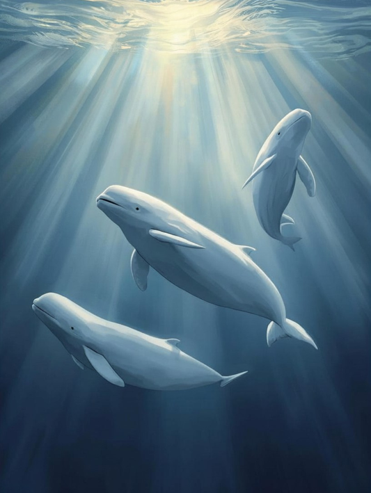 Paint by Number Beluga Whales Beneath Ocean Sunbeams - Adult Paint by Number Kit