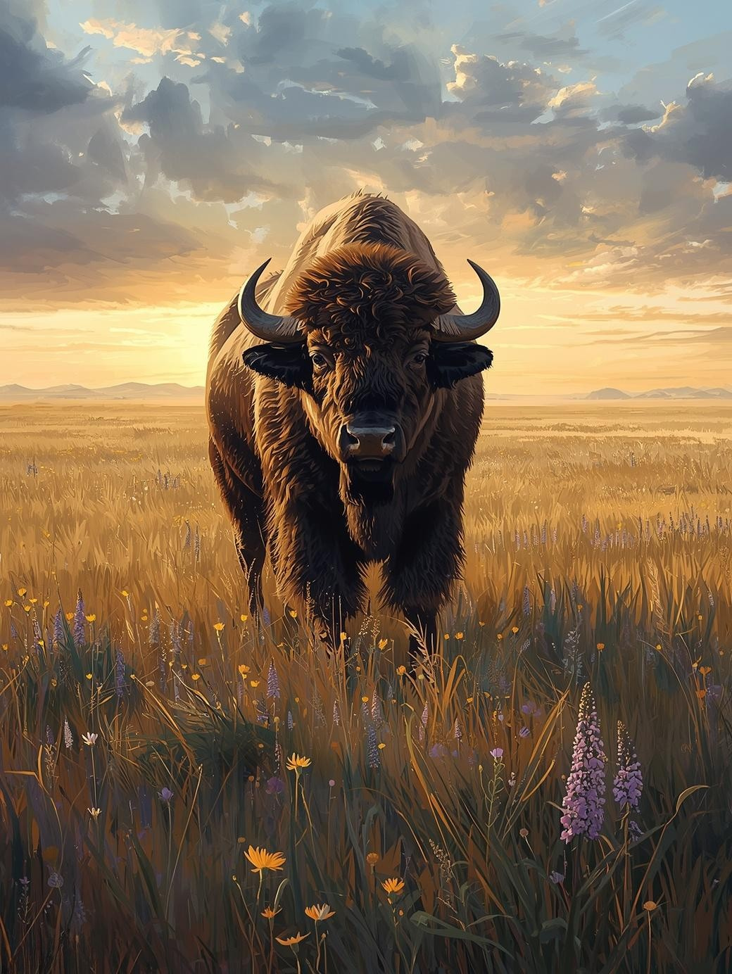 Paint by Number Wild Buffalo at Sunset in Prairie Flowers - Adult Paint by Number Kit