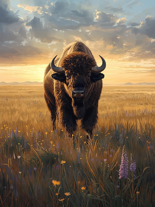 Paint by Number Wild Buffalo at Sunset in Prairie Flowers - Adult Paint by Number Kit