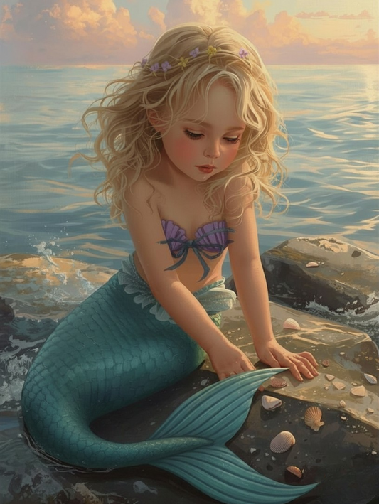Paint by Number Little Mermaid on the Rocky Shore - Painting Canvas for Adults