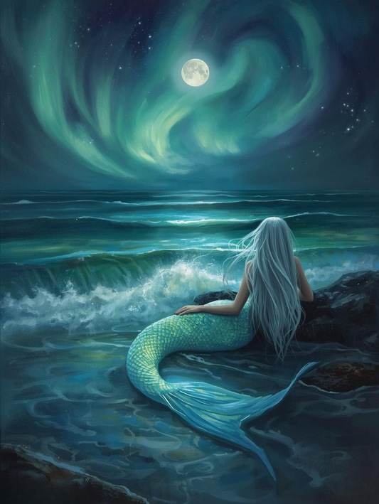 Paint by Number Mermaid Beneath the Northern Lights - Painting Canvas for Adults