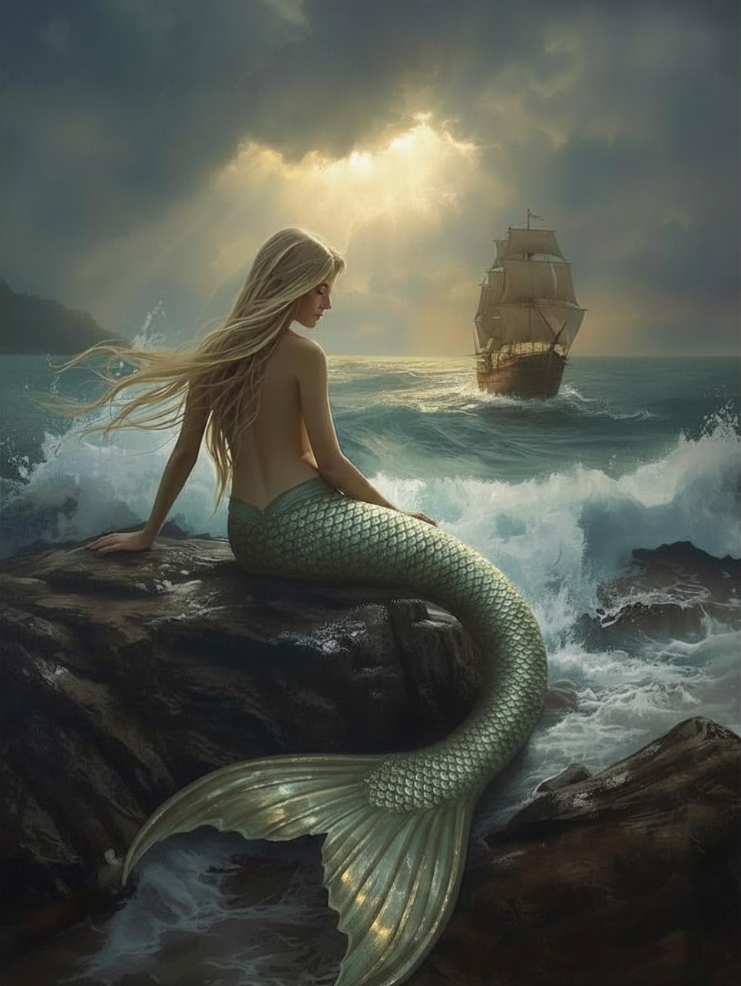 Paint by Number Mermaid Watching a Distant Ship at Sea - DIY Canvas Art Kit