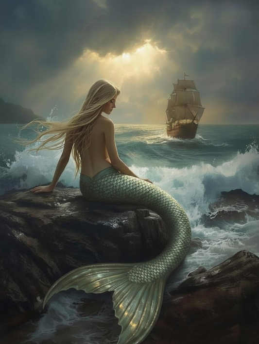 Paint by Number Mermaid Watching a Distant Ship at Sea - DIY Canvas Art Kit