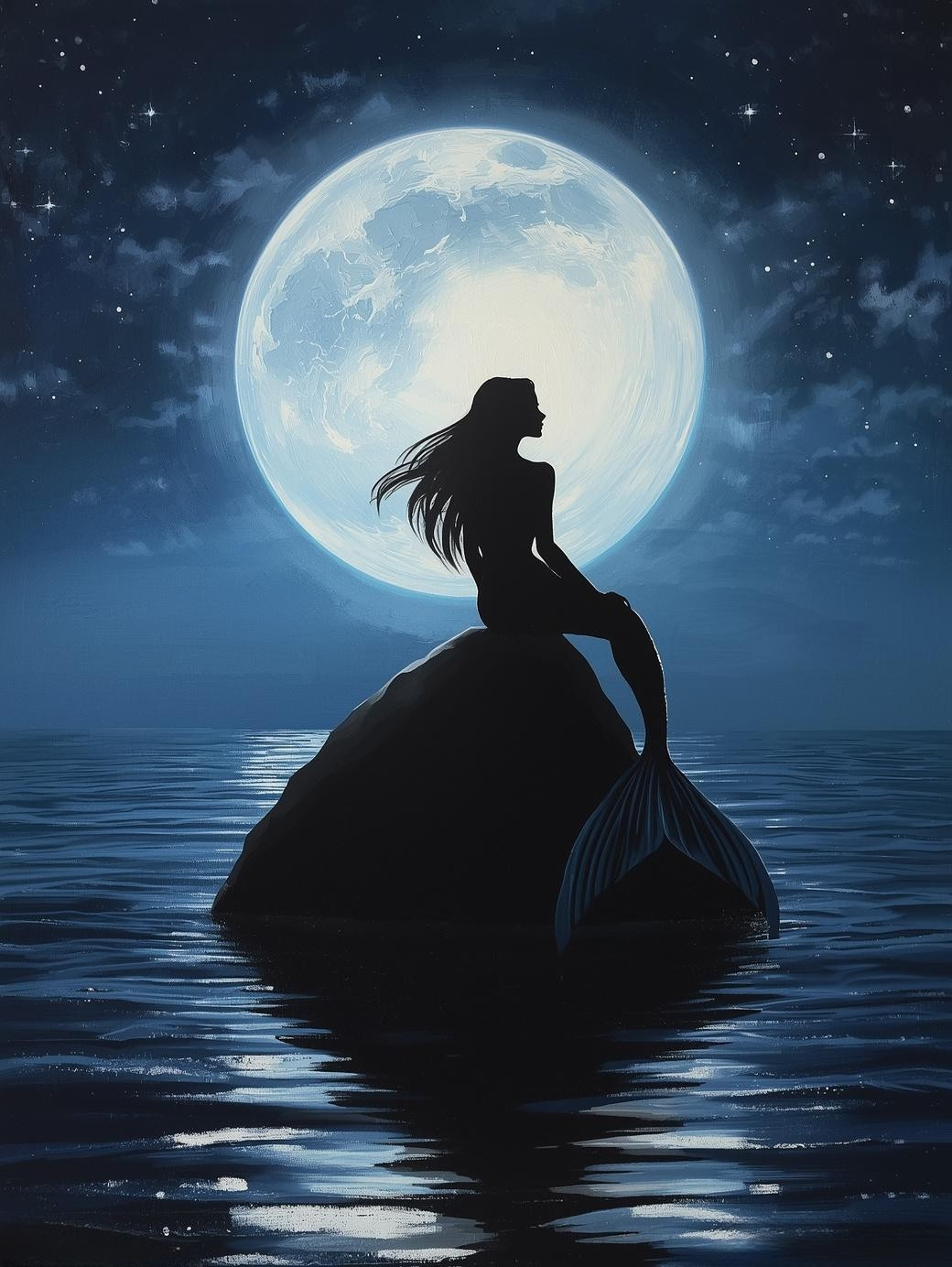 Paint by Number Silhouette Mermaid Beneath the Full Moon - DIY Painting Kit for Adults