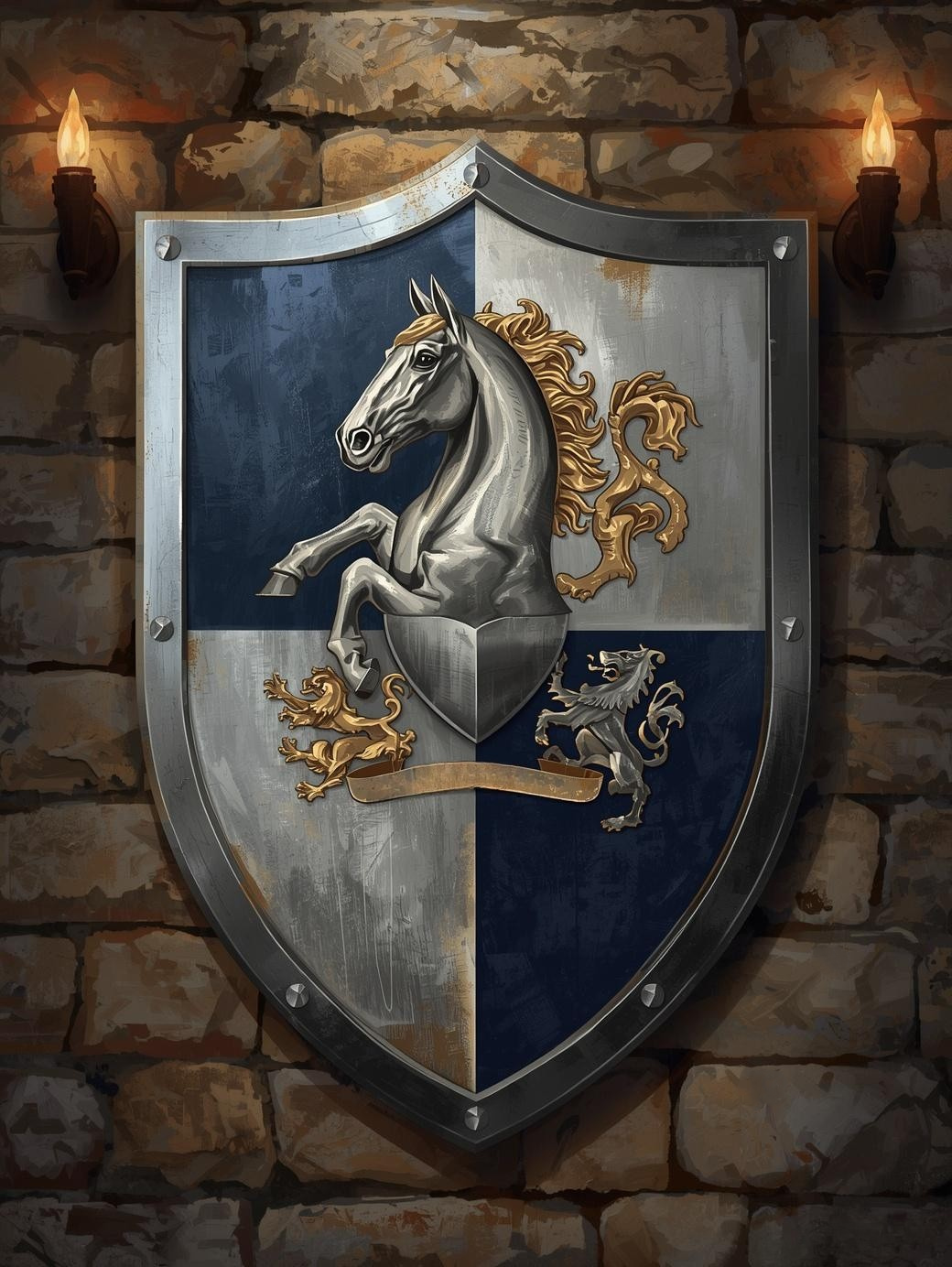 Paint by Number Silver Horse Crest Shield on Stone Castle Wall – DIY Paint by Number Canvas Kit