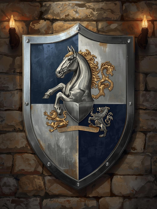 Paint by Number Silver Horse Crest Shield on Stone Castle Wall – DIY Paint by Number Canvas Kit
