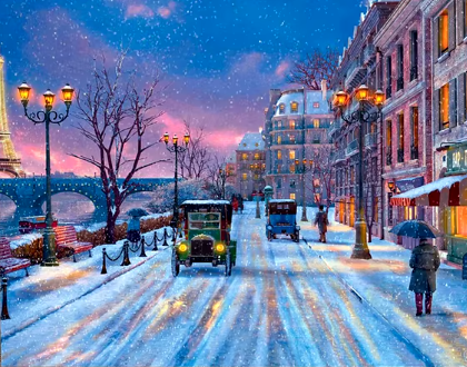 Winter Street Scene with Vintage Automobiles Paint By Number