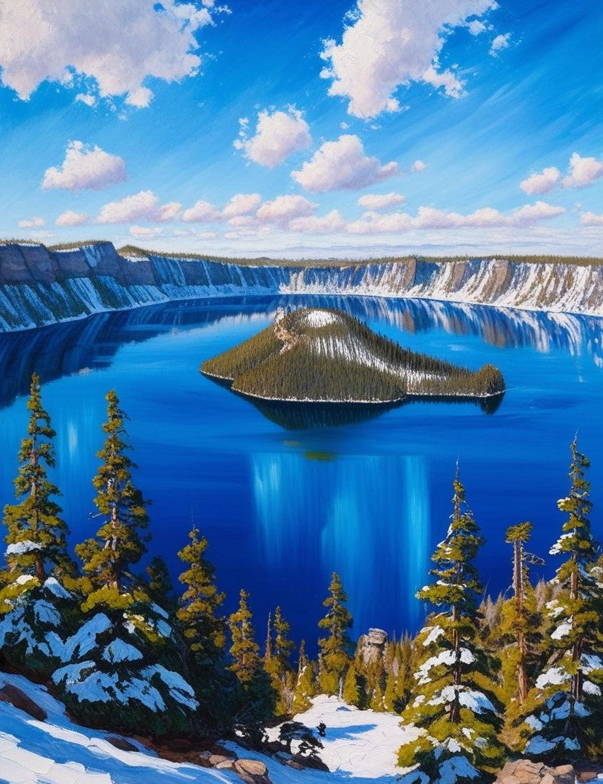 Paint by Number Crater Lake National Park (Oregon) Wizard Island Reflected in Blue Waters