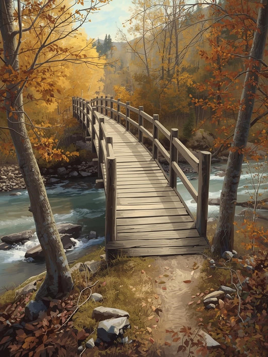 Paint by Number Wooden Bridge in Autumn Forest - DIY Paint by Number Kit