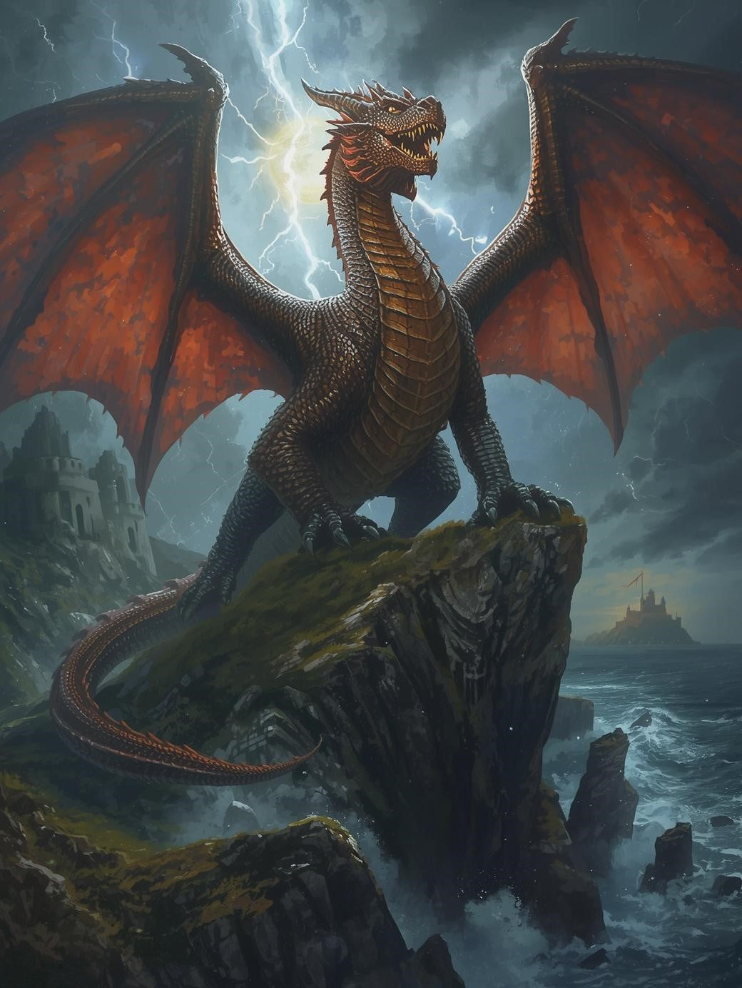 Paint by Number Storm Dragon Above Rocky Ocean Cliffs – Adult DIY Painting Kit