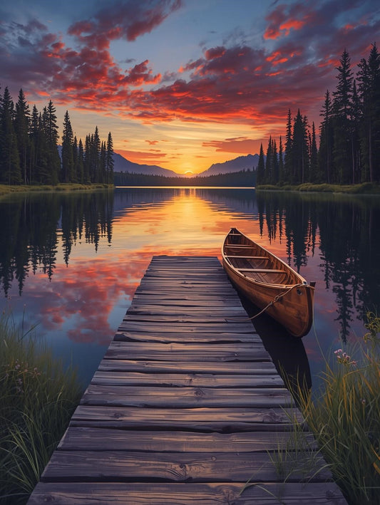 Paint by Number Sunset Lake with Canoe and Dock - Paint by Number Kit for Adults