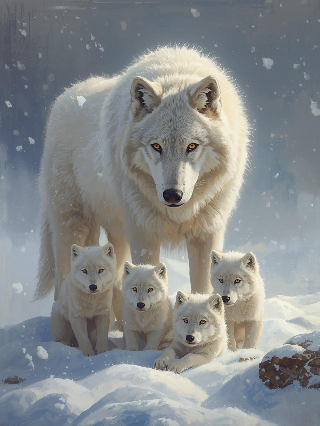 Paint by Number Arctic Wolf Mother and Cubs in Snowy Wilderness - Adult Paint by Number Kit