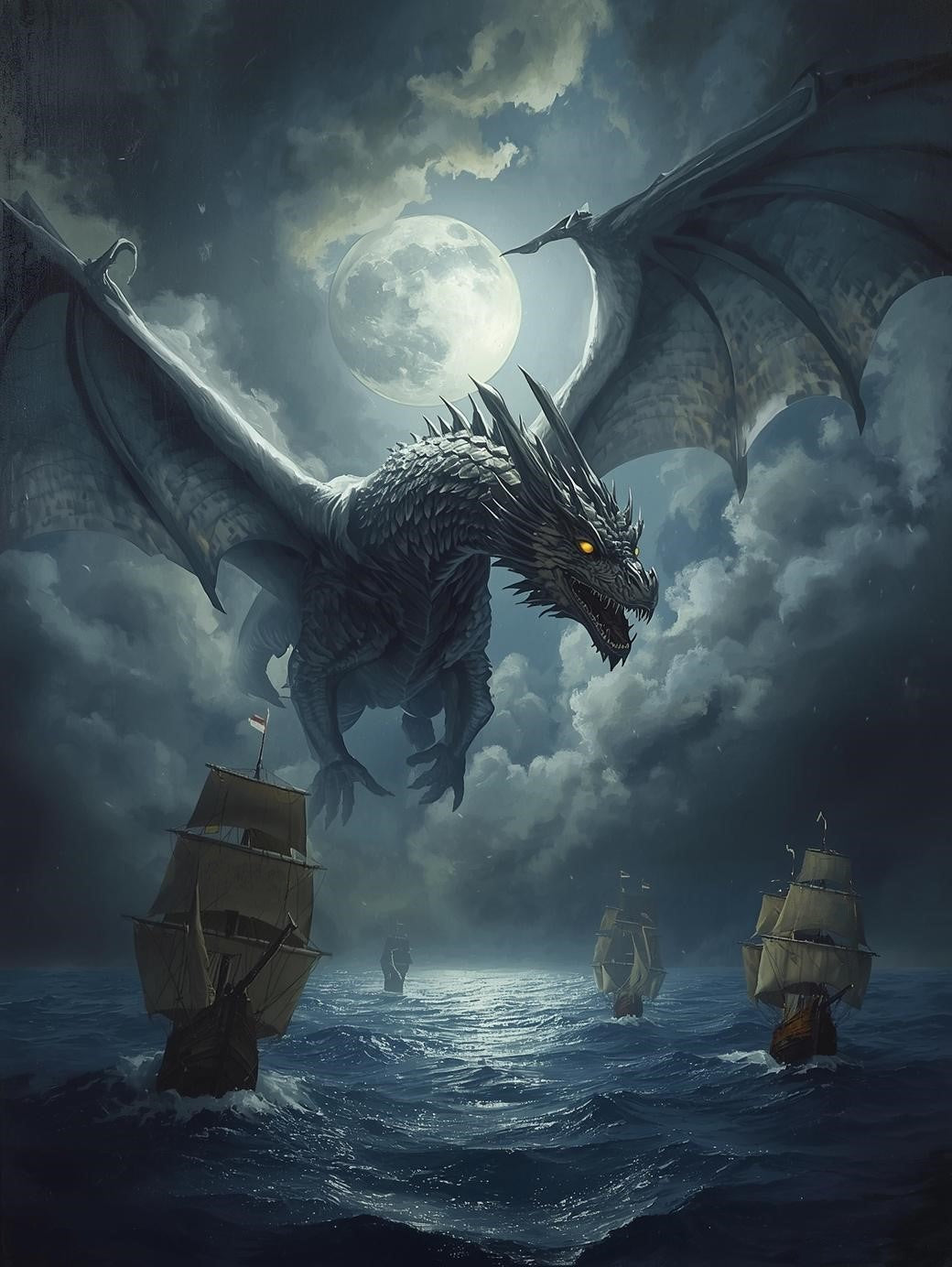 Paint by Number Shadow Dragon Flying Over Medieval Ships – Fantasy Dragon Paint Kit