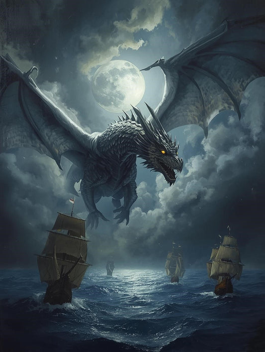 Paint by Number Shadow Dragon Flying Over Medieval Ships – Fantasy Dragon Paint Kit