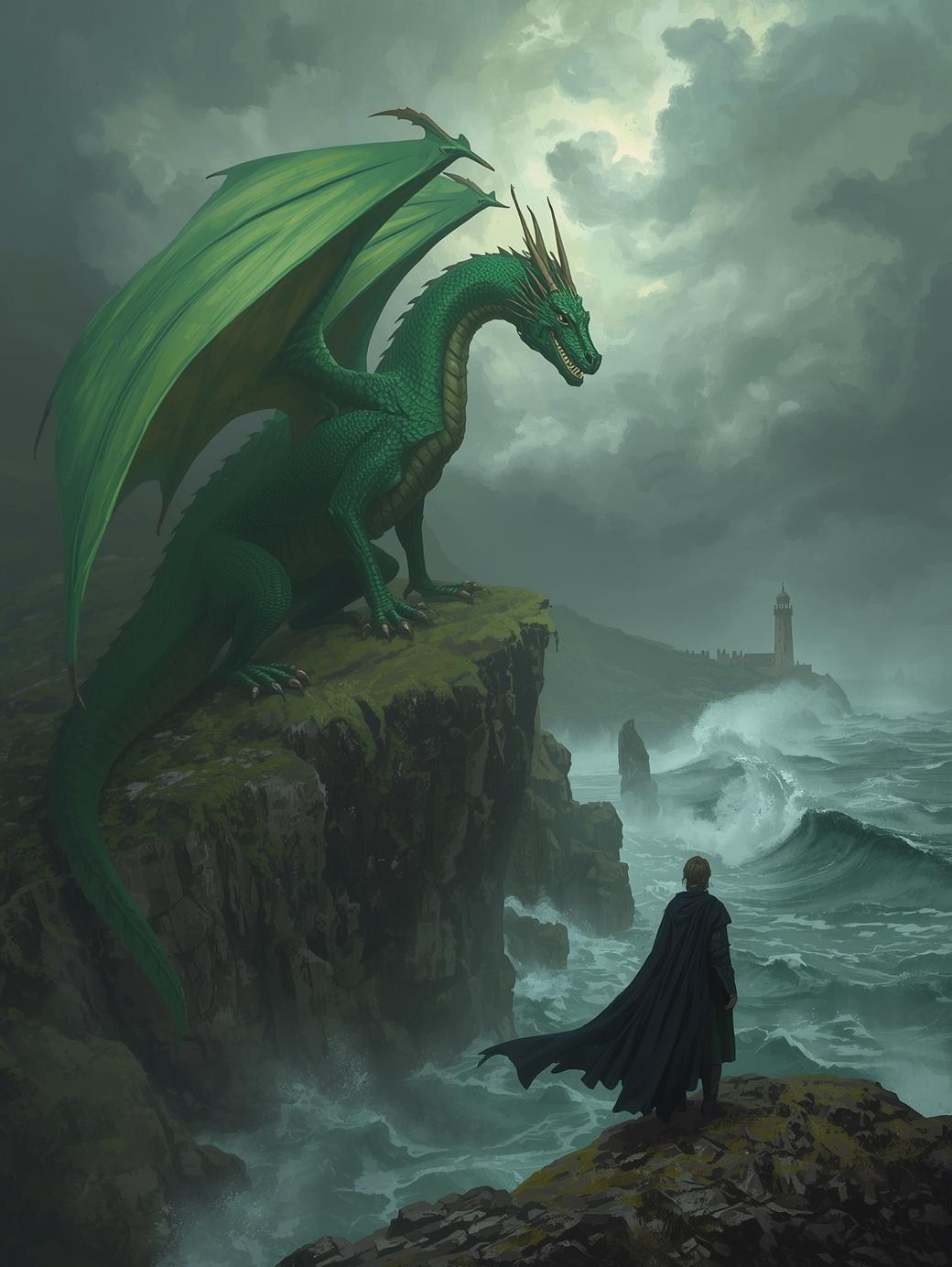 Paint by Number Emerald Dragon and Cloaked Knight by Stormy Sea – DIY Wall Art Painting Kit