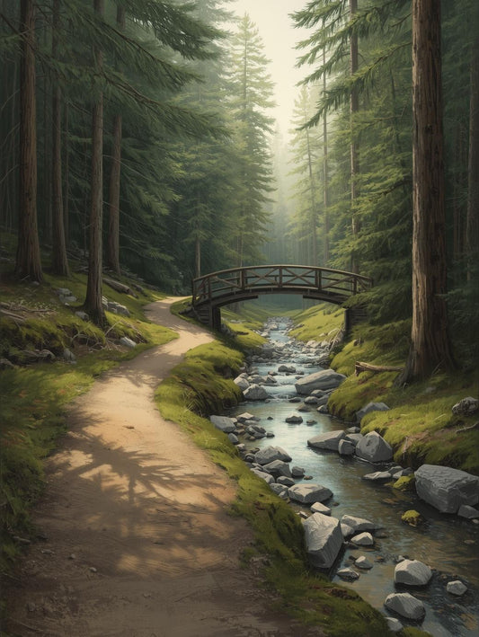 Paint by Number Forest Path with Wooden Bridge and Stream - DIY Canvas Paint by Number Kit