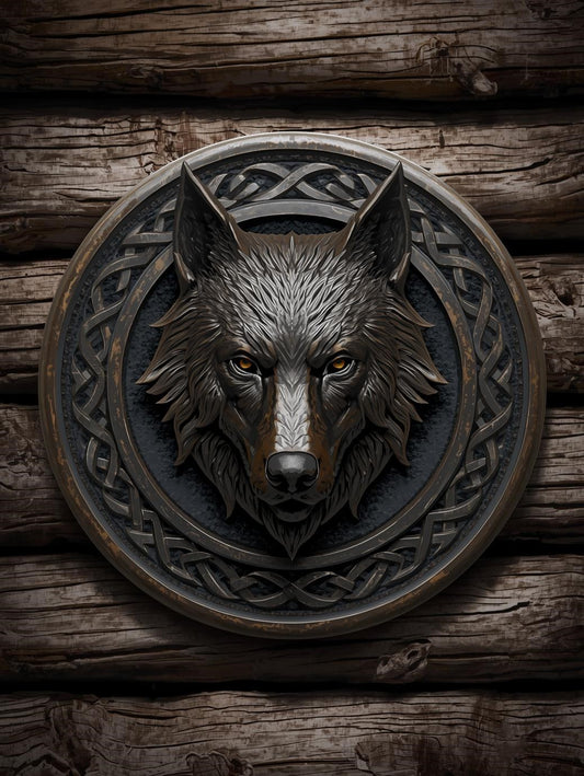 Paint by Number Nordic Wolf Crest on Wooden Shield – DIY Canvas Painting Kit