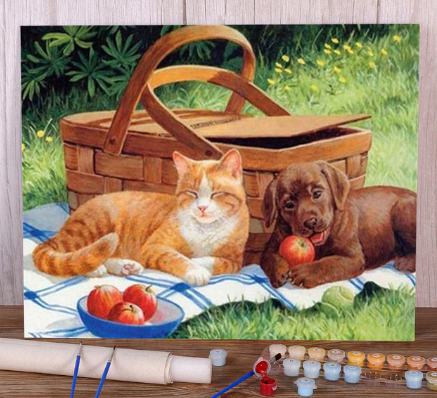 Paint by Number Farm Cat and Puppy having a Picnic