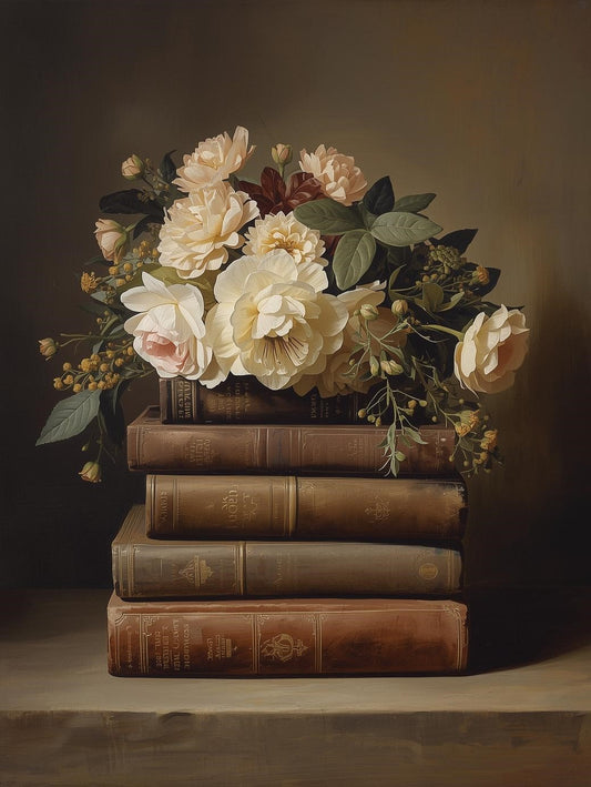 Paint by Number Vintage Books with Cream Floral Arrangement – Paint by Number Kit for Adults