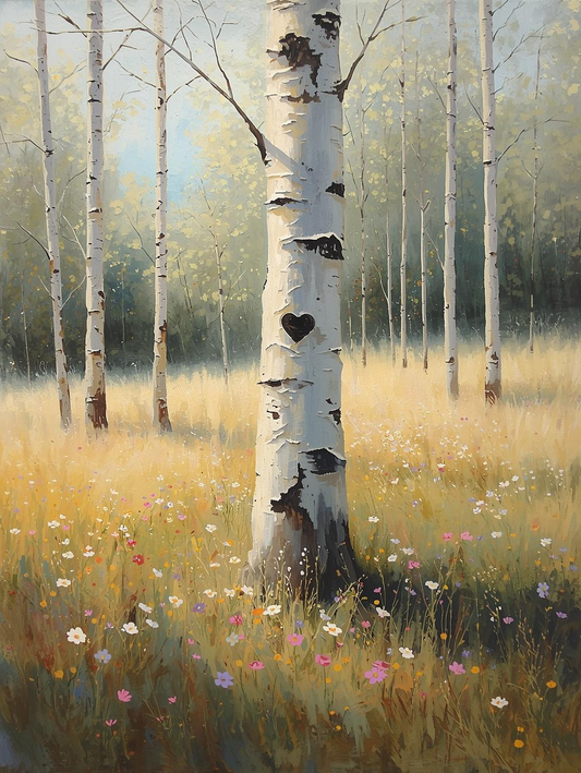 Paint by Number Birch Tree with Carved Heart – Romantic Nature Paint by Number Kit for Adults