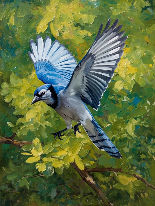 Paint by Number Blue Jay in Flight Over Forest – Nature Acrylic Paint by Number Kit