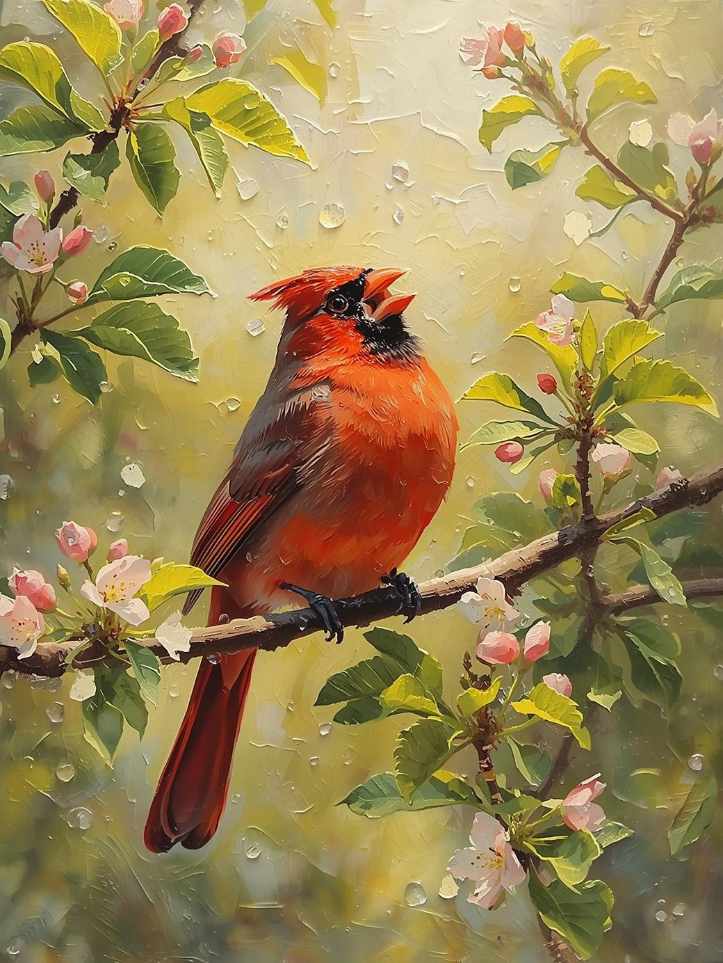 Paint by Number Singing Cardinal on Spring Branch – Fresh Nature Paint by Number Kit for Adults